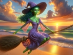 A witch flies on a broomstick on the beach at sunset