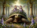 A turtle with two fairy-like creatures on its back in the forest
