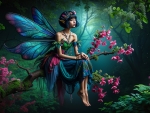 Fairy with bright wings sits on a tree branch in a mystical forest