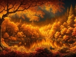 Autumn scene with orange leaves reflected on a calm lake
