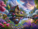  House by the lake with swans and colorful flowers