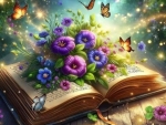 Open book with flowers and butterflies