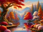 Colorful landscape with trees and swans on the calm lake