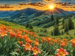 Sunset over mountain meadow