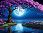 Magical night with bright purple flowers