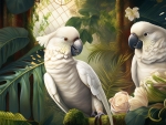 Two white cockatoos are sitting on a tree branch