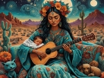 Mexican woman with baby in desert