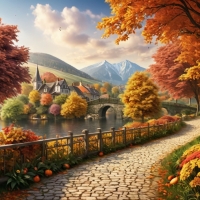 Autumn mountain river near the village