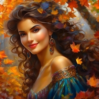 Smiling woman among autumn leaves