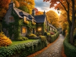 Autumn stone house in the middle of vivid foliage