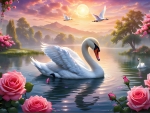 Swans and pink roses
