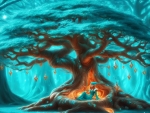 Enchanted Turquoise Copper Tree with Elf Resting Beneath