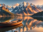 Mountains are reflected in the water of a lake with a boat