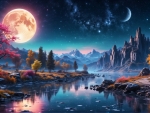 Enchanting Fairytale Landscape with Moonlit River and Sparkling Stars