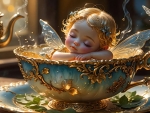 Baby fairy asleep on the edge of an ornate tea cup
