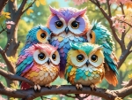 Cute colorful fluffy owls sitting on a branch.