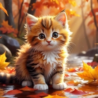 Playful cat among fallen autumn leaves