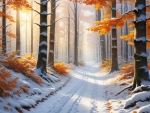 Winter road with snow covered trees and autumn leaves