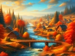 Autumn landscape with wooden bridge