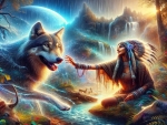 A Native woman patting the wolf in a fantasy world