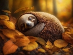 The tired sloth sleeps among autumn leaves