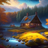 Stone house in the forest clearing at sunset