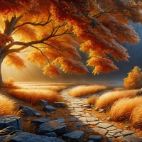 A large tree with orange leaves in an autumn landscape