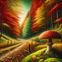 Mushrooms in autumn grass on a dusty roadside