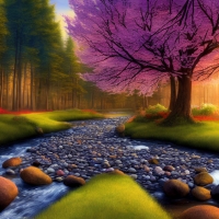 Many stones in the river among tall trees