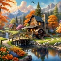 Water mill with winding lake