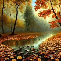Big autumn leaves in a puddle