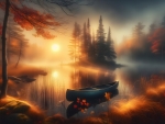 Autumn foggy lake at sunset with canoe