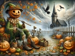 A pumpkin-headed scarecrow sits on a cobblestone road