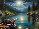 Otter Swimming in Moonlit Open Lake
