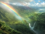 A vibrant rainbow above a flowing river
