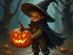 Trick or treat Sam holding a Jack o Lantern