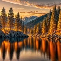 Sunset over the forest lake