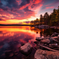 Dramatic lake landscape with vibrant sunset