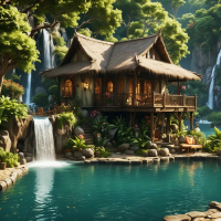 Mountain Waterfall House with Crystal Clear Lagoon
