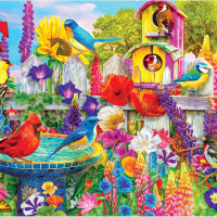 vibrant birds an a bath