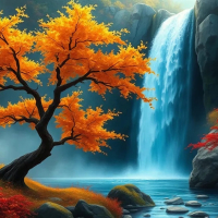 Autumn tree at the waterfall