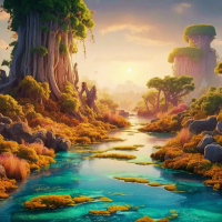 Tranquil Ancient Landscape with Lush Vegetation and Clear Waters