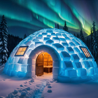 Ice hut in the snowy landscape with northern lights