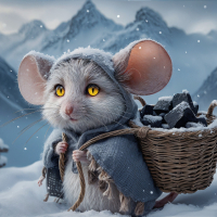 Mouse in gray cloak in snow mountain landscape