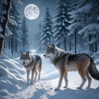 Moonlit Wolves in a Snowy Forest Path