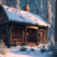 Magic book store in the forest in winter