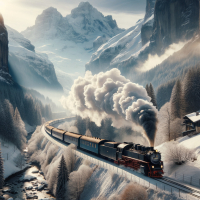 A vintage steam train winds its way through a valley