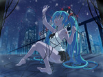 aqua eyes aqua hair barefoot bow hatsune miku night skirt snow vocaloid