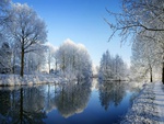 winter, river, snow, mirror view in water