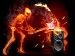 Skelet on fire smashing guitar on speaker